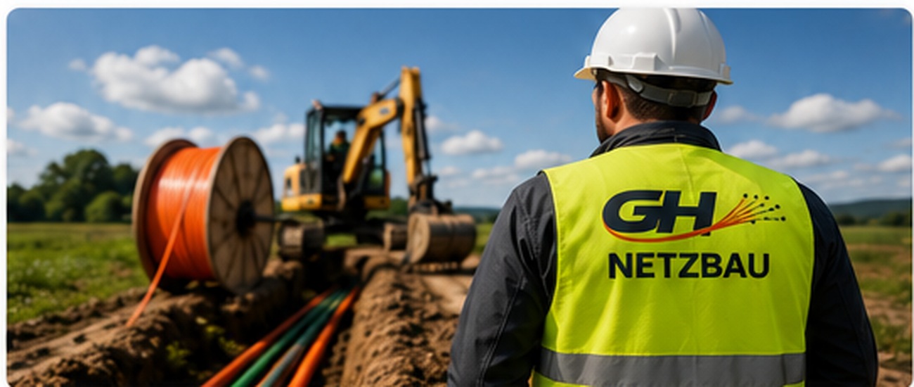 GH Netzbau Mitarbeiter mit Warnschutzweste vor Bagger und Kabeltrommel
