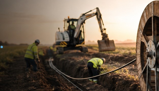 Bagger bei Glasfaserausbau